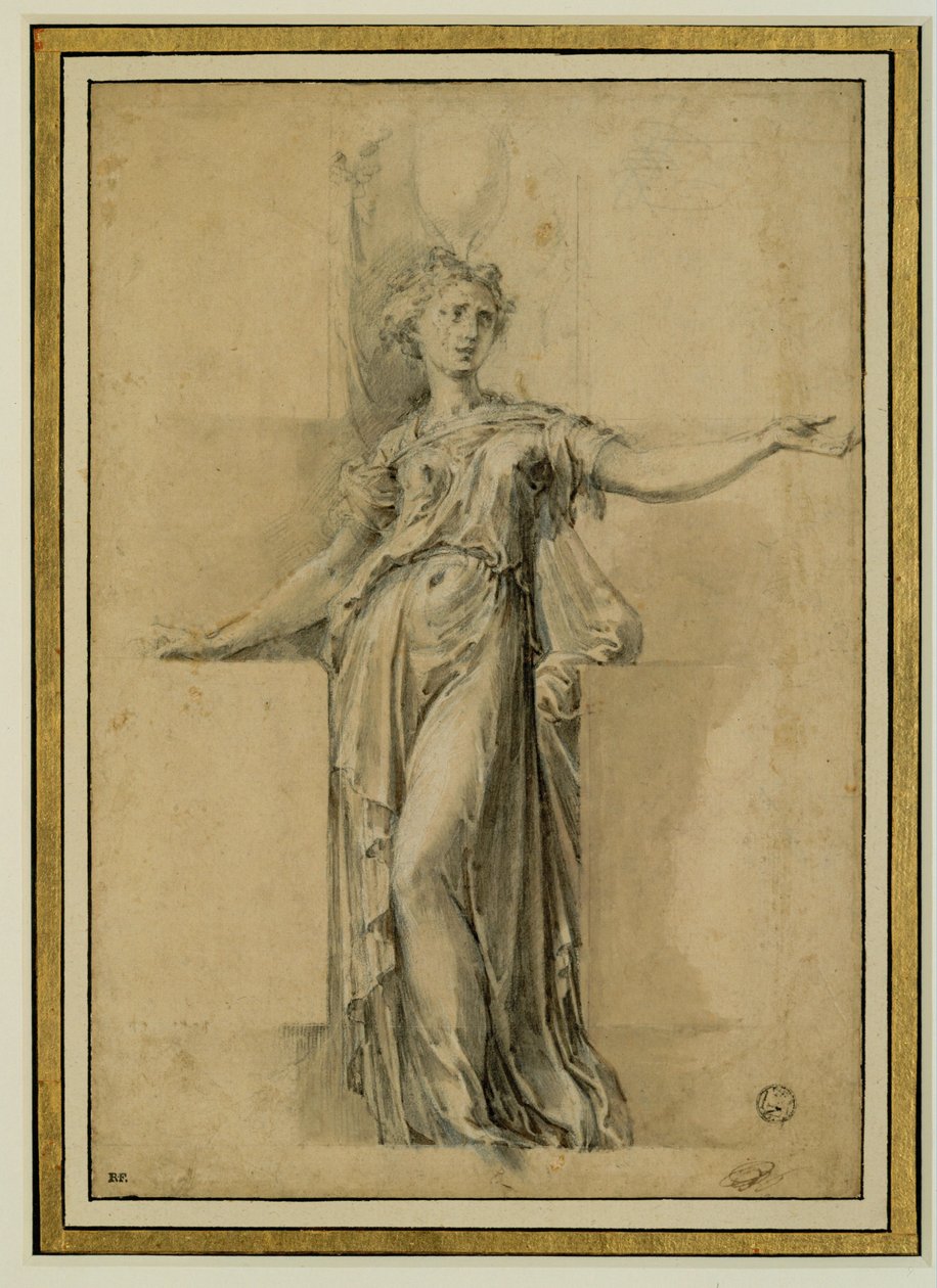 Bir canephore. Bej kağıt üzerine kahverengi mürekkep, siyah taş, guaj ... by Parmigianino (1503-40)