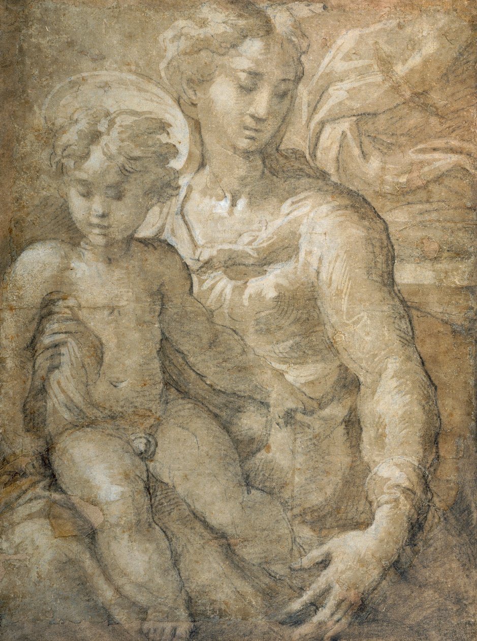 Kucağında Çocukla Bakire (kağıt üzerinde kahverengi yıkama ve beyaz gövde rengi ile siyah tebeşir) by Parmigianino 