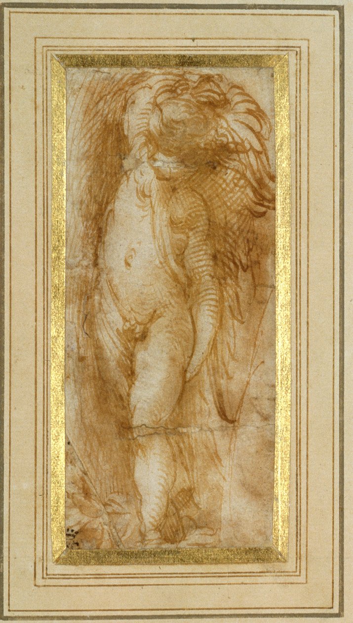 Sola çevrilmiş bir putto (kağıt üzerinde kalem ve kahverengi mürekkep) by Parmigianino