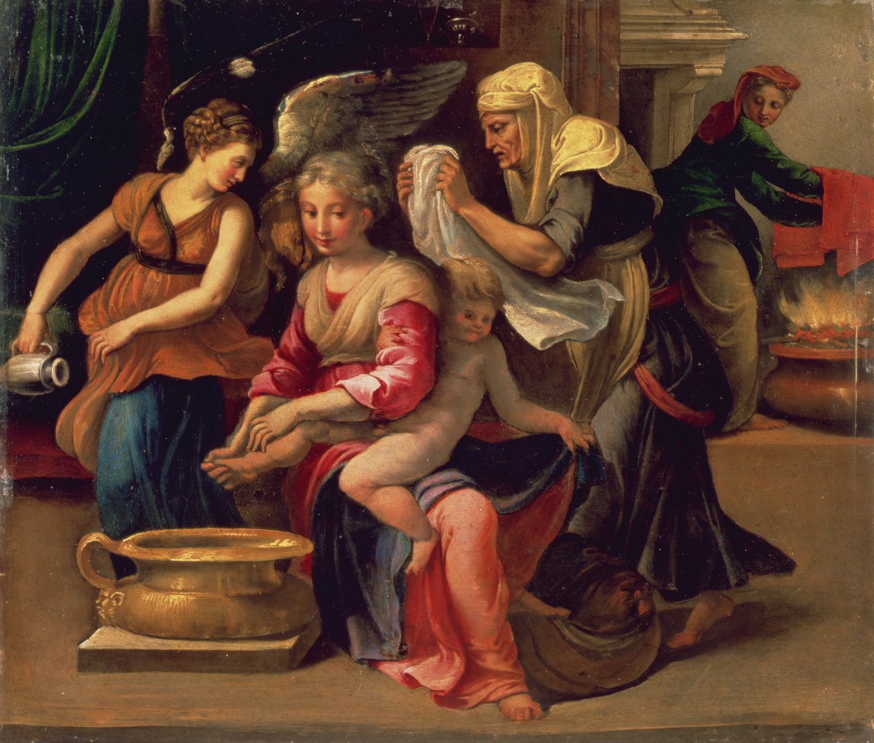 Bebeğin Yıkanması (panelde yağ) by Parmigianino