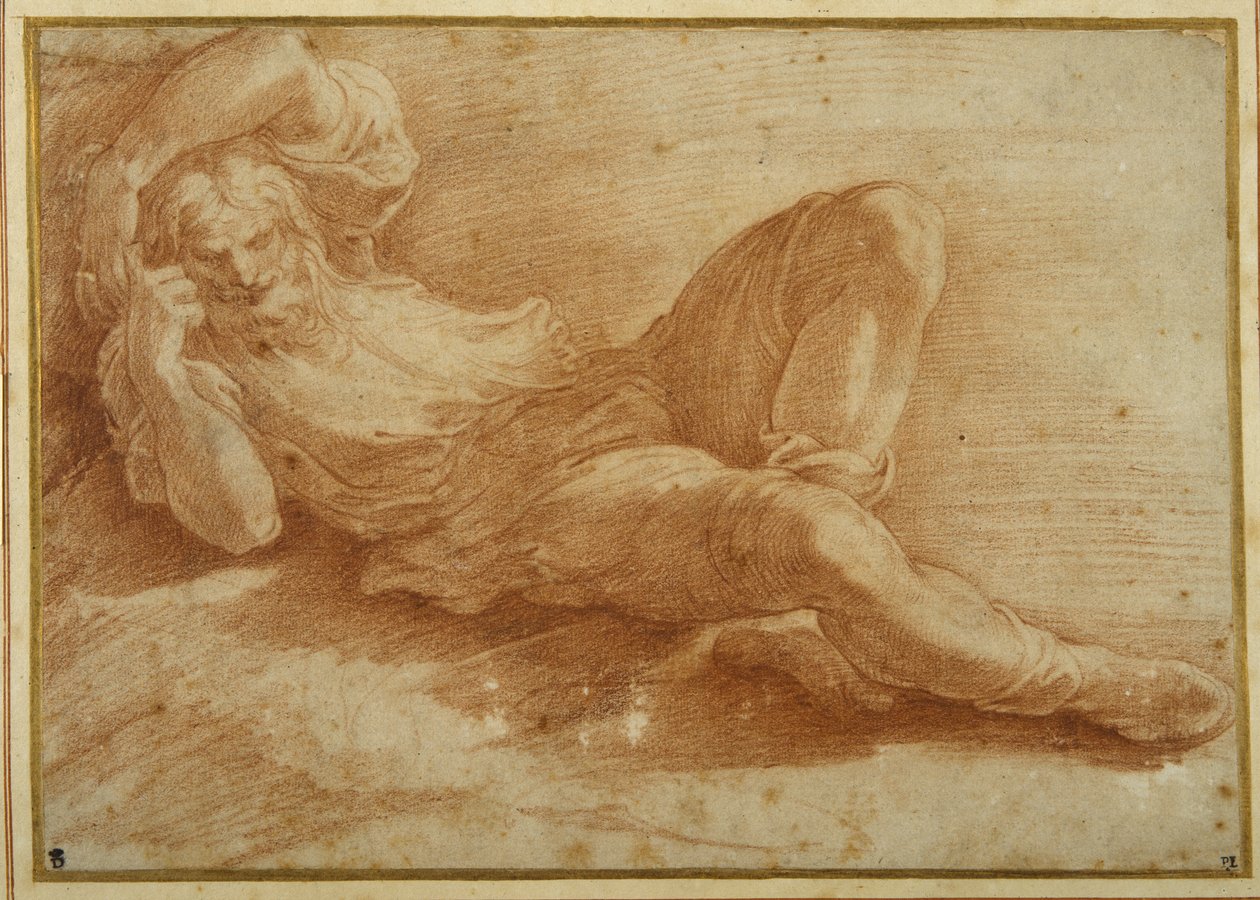 Sakallı figür, uyuyor (beyaz kağıt üzerinde kırmızı tebeşir) by Parmigianino