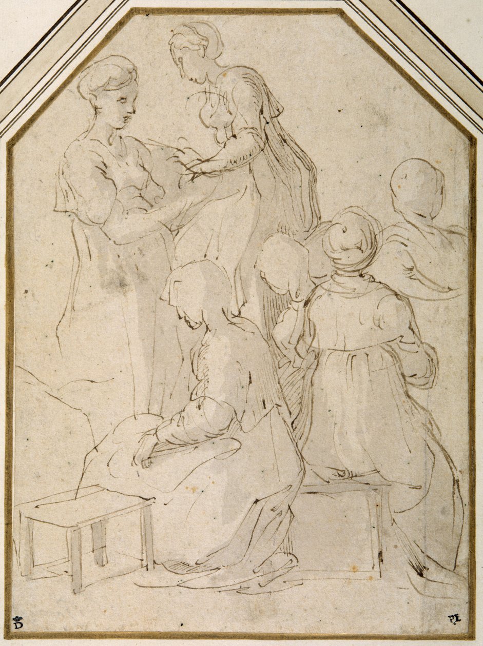 Yerli grup, iki ayakta kadın ve dört oturan (kalem ve beyaz kağıt üzerinde soluk kahverengi bir yıkama ile kahverengi mürekkep) by Parmigianino