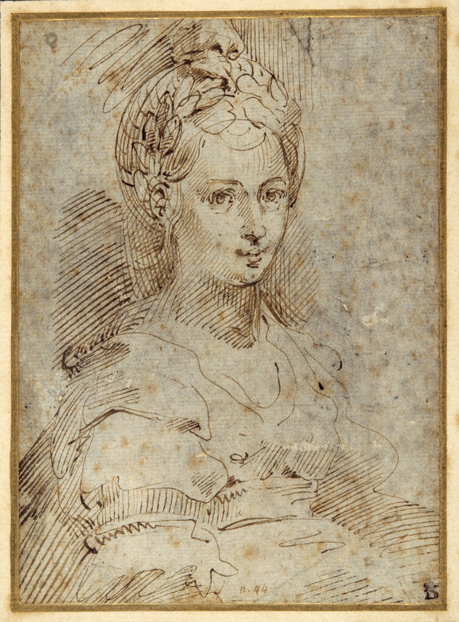 Yarım uzunlukta oturan bir kadın (kağıt üzerine kalem ve mürekkep) by Parmigianino