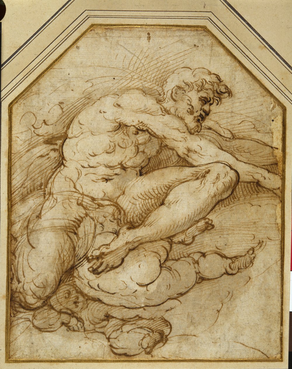 Putti tarafından bulutların içinde yüksekte doğan erkek figürü (kağıt üzerinde yıkama ile kalem ve kahverengi mürekkep) by Parmigianino