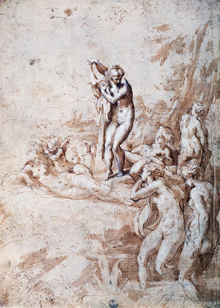 Periler banyo (kalem ve seyreltilmiş mürekkep, beyaz kurşun) by Parmigianino