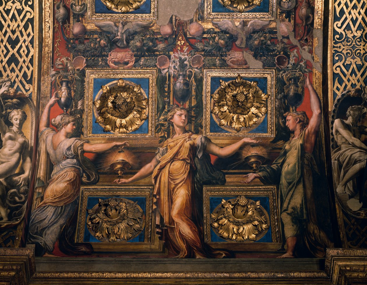 Üç bilge bakire, üç bilge bakire ve üç aptal bakirenin detayı, Il Parmigianino olarak bilinen Francesco Mazzola tarafından, fresk, papaz evi kemerinin alt tarafı, Santa Maria della Steccata Tapınağı, Parma, Emilia-Romagna. İtalya by Parmigianino