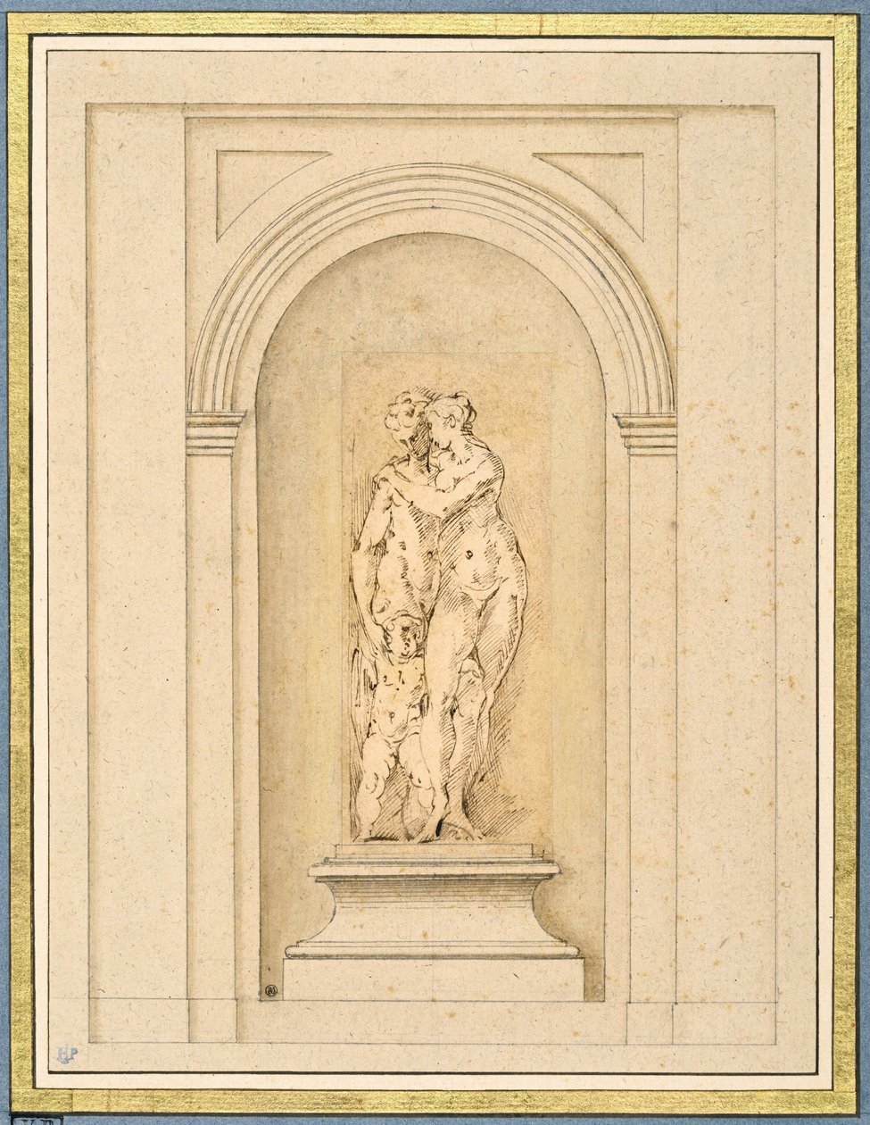 Daha sonraki bir mimari çerçeve ile çevrili iki figür ve bir aşk tanrısı by Parmigianino