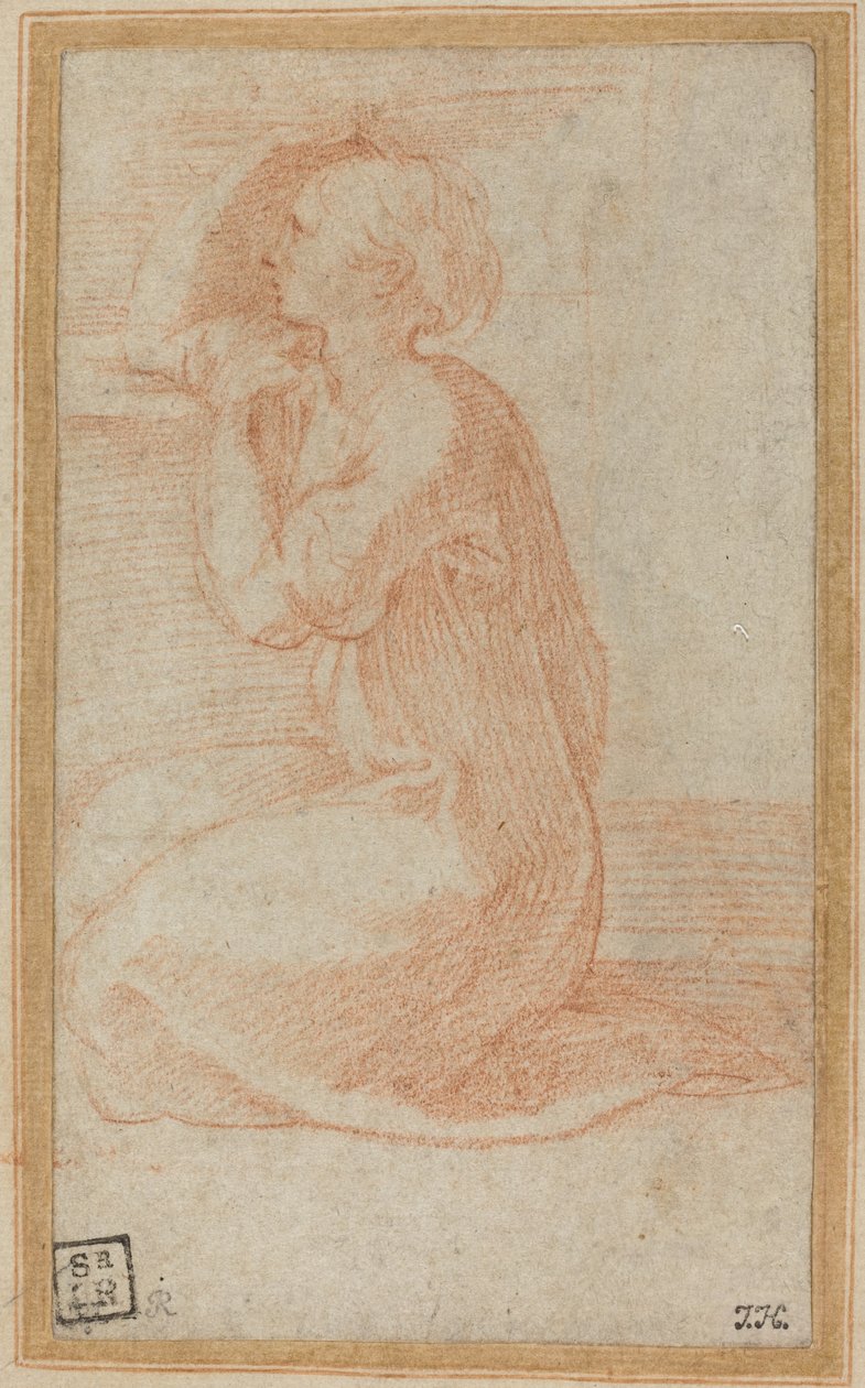 Diz çökmüş kadın elini kafasına kaldırıyor by Parmigianino