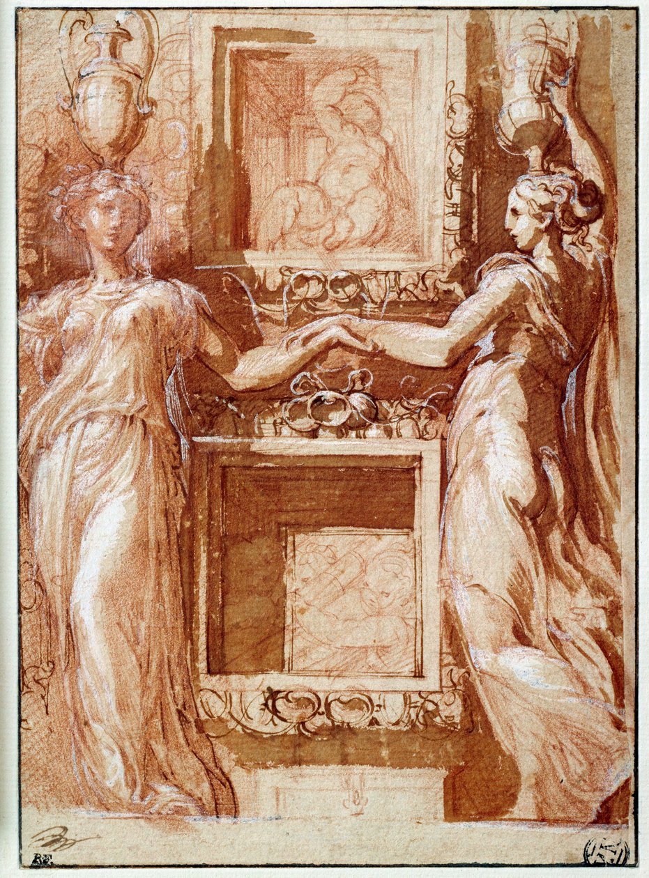 Kutuların her iki yanında elini veren iki kanefor Mürekkep, yıkama, kan ve beyaz kanatlarda çizim Girolamo Francesco Maria Mazzola dit Parmigianino veya Le Parmesan by Parmigianino