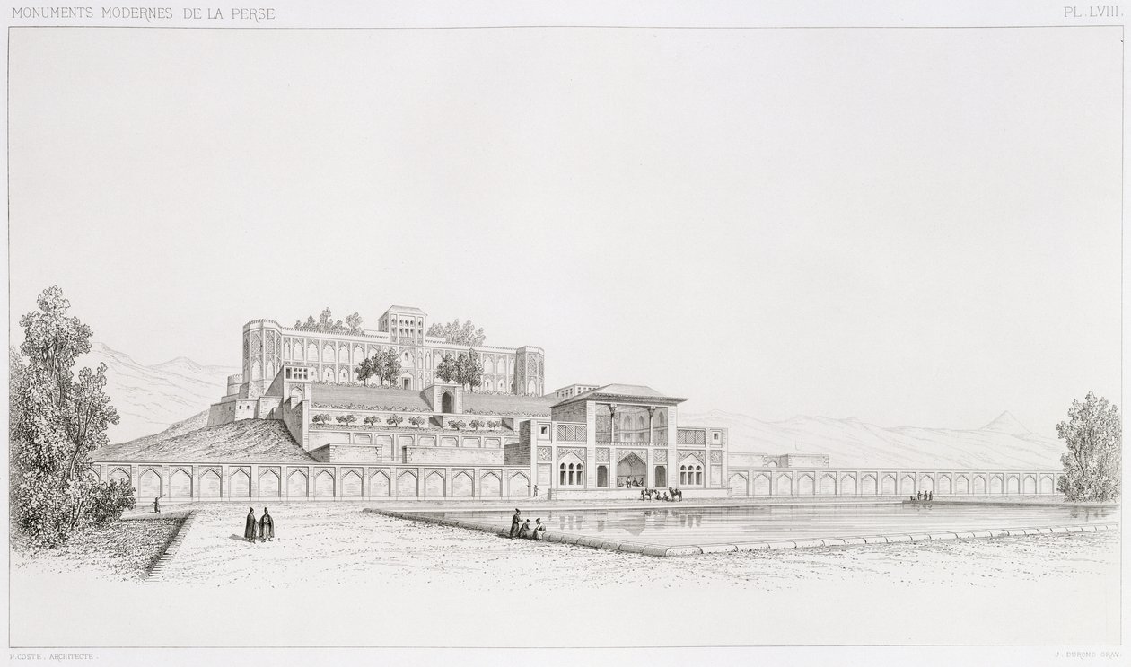 Golestan Qajar Sarayı'nın görünümü, Tahran'daki 'Kasr l Kadjar', İran'ın 'Voyage Pittoresque'inden, Joseph Durond (b.1816) tarafından oyulmuş, Lemercier tarafından yayınlanmış, Paris, 1856 by Pascal Xavier Coste