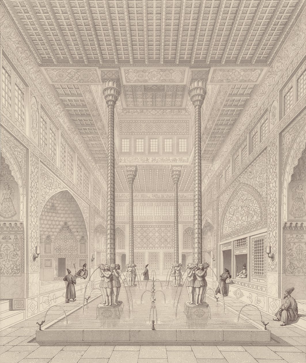 Claude Sauvageot (1832-85) ve Jean Charles Huguet, 1856 tarafından oyulmuş Pers Modern Anıtlarından Tchar-Bach Sarayı, İsfahan, İç by Pascal Xavier after Coste