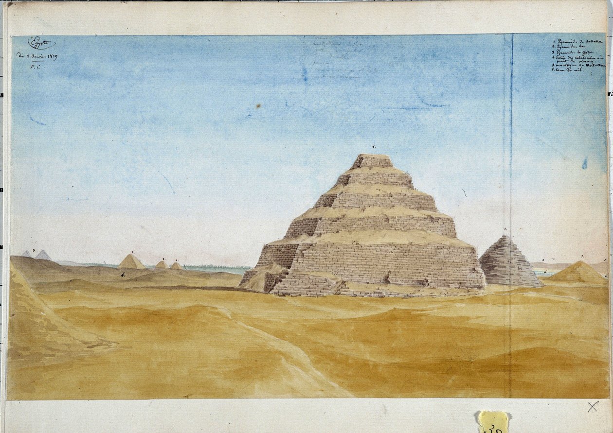 Sakarra piramitlerinin görünümü. Mısır Ocak 1819 Suluboya, Pascal Coste (1787-1879) Marsilya Belediye Kütüphanesi by Pascal Xavier (after) Coste