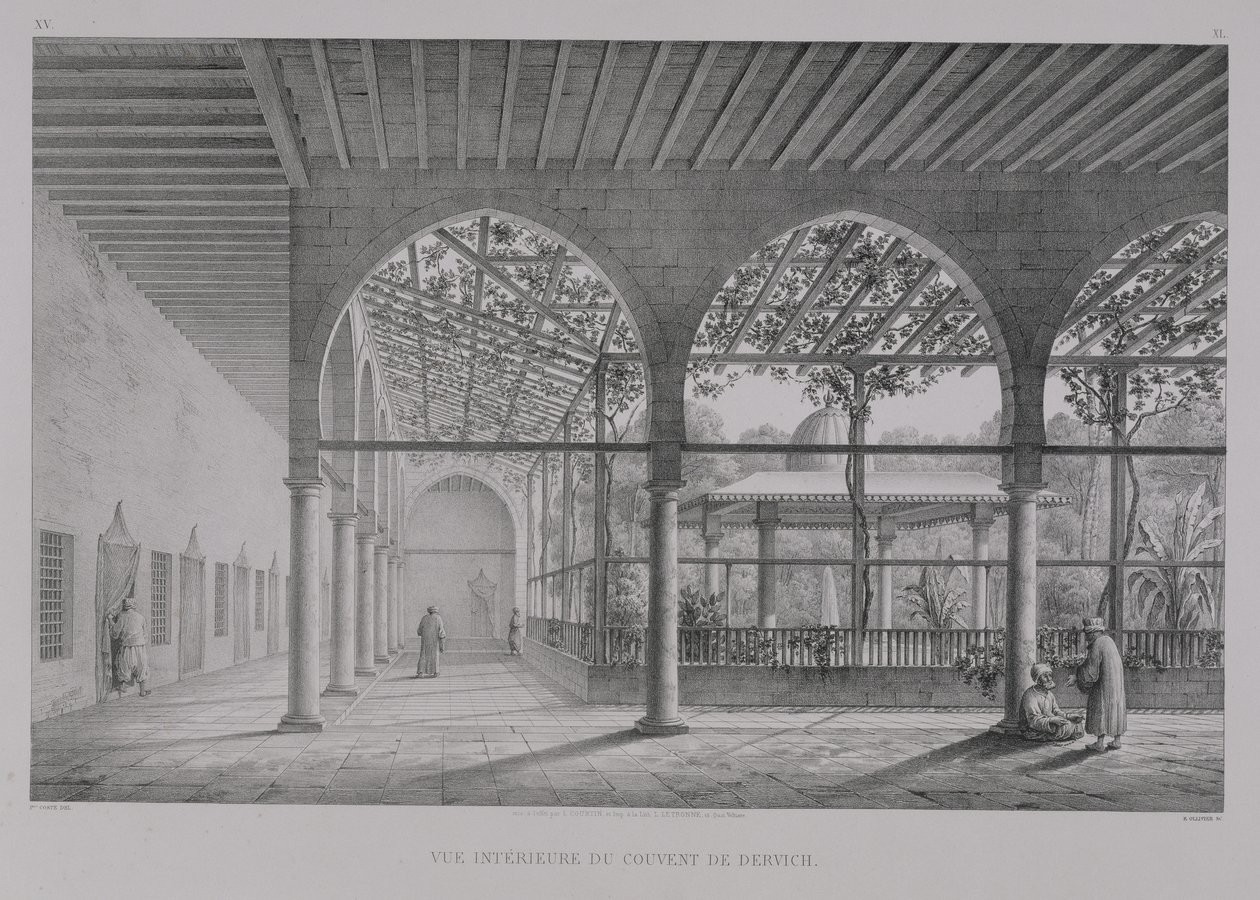 Emile Edmond Ollivier (1800-64) tarafından oyulmuş 'Kahire Anıtları ve Binaları'ndan Kahire'deki Derviş Manastırı'nın iç görünümü, Letronne, Paris, 1829 by Pascal Xavier Coste