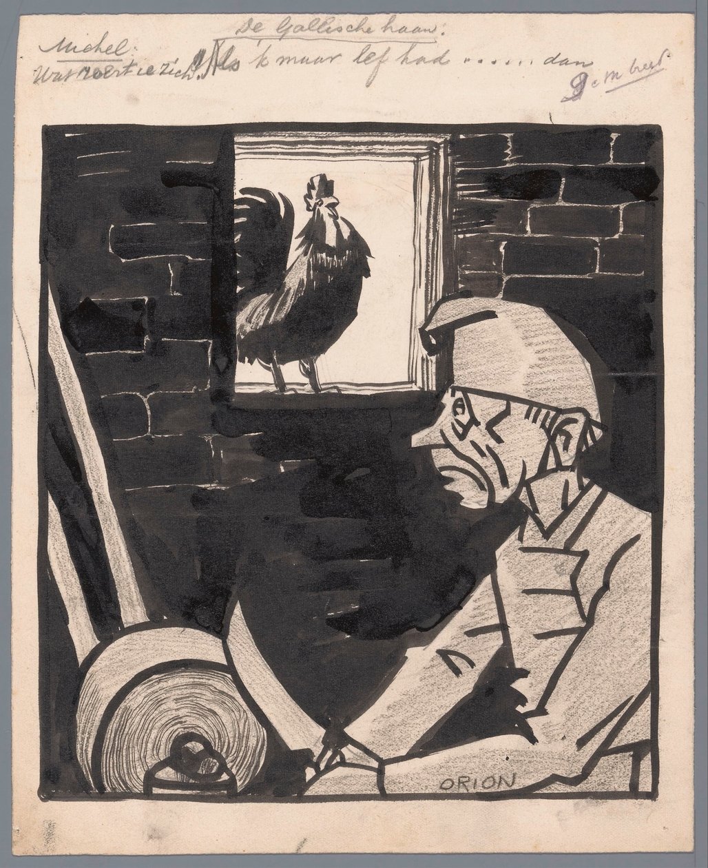 Fransız horoz öterken adam bıçağı keskinleştirir Galya horozu (nesne üzerindeki başlık) by Patricq Kroon (signed by artist)