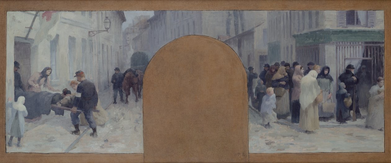 Yaralıların ambulansa taşınması ve bir dükkanın önündeki kuyruğa (yağlı kanvas) by Paul Albert Baudouin