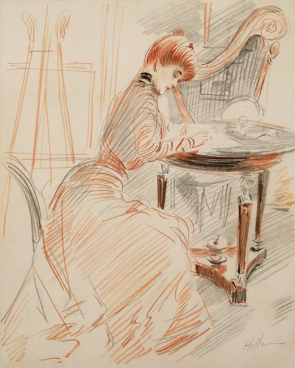 Madam Helleu Yazma (kırmızı kalem ve karakalem) by Paul Cesar Helleu
