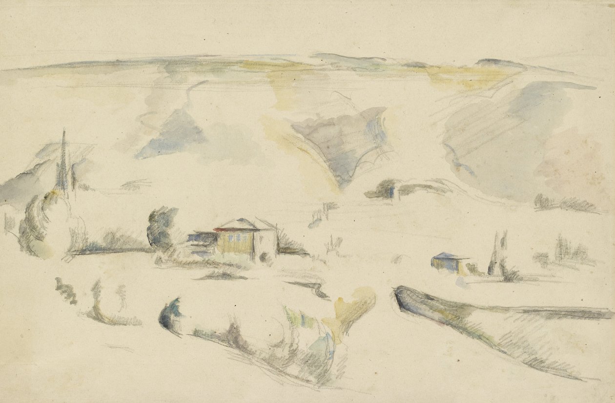 Recto: Bir Vadiden Bir Görünüm (beyaz kağıt üzerine grafit ve sulu boya) by Paul Cézanne