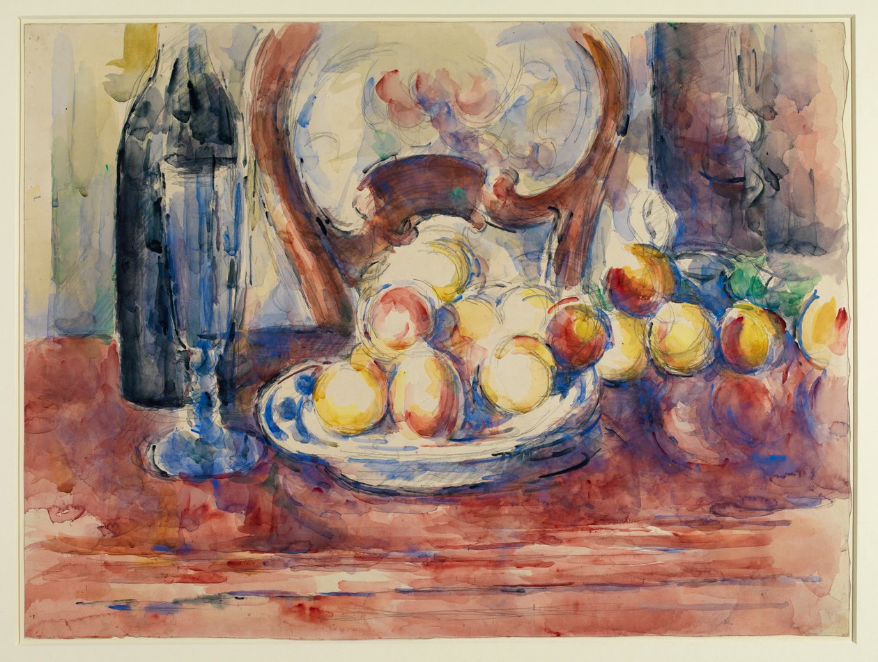 Elma, Şişe ve Sandalye Sırtlı Natürmort, 19. yüzyıl (kağıt üzerine kalem ve guaj) by Paul Cézanne