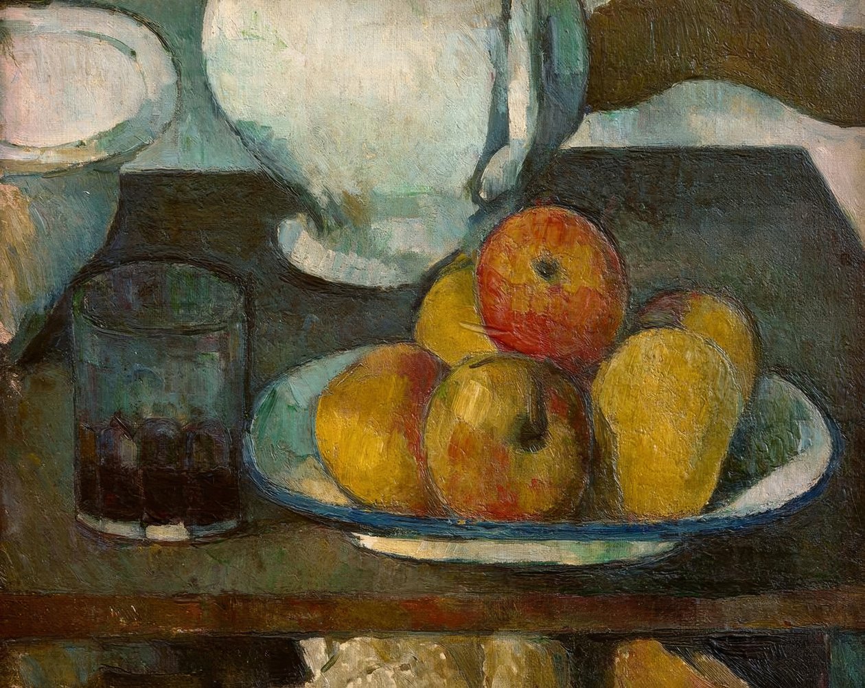 Elma ve şarap kadehi ile natürmort by Paul Cézanne