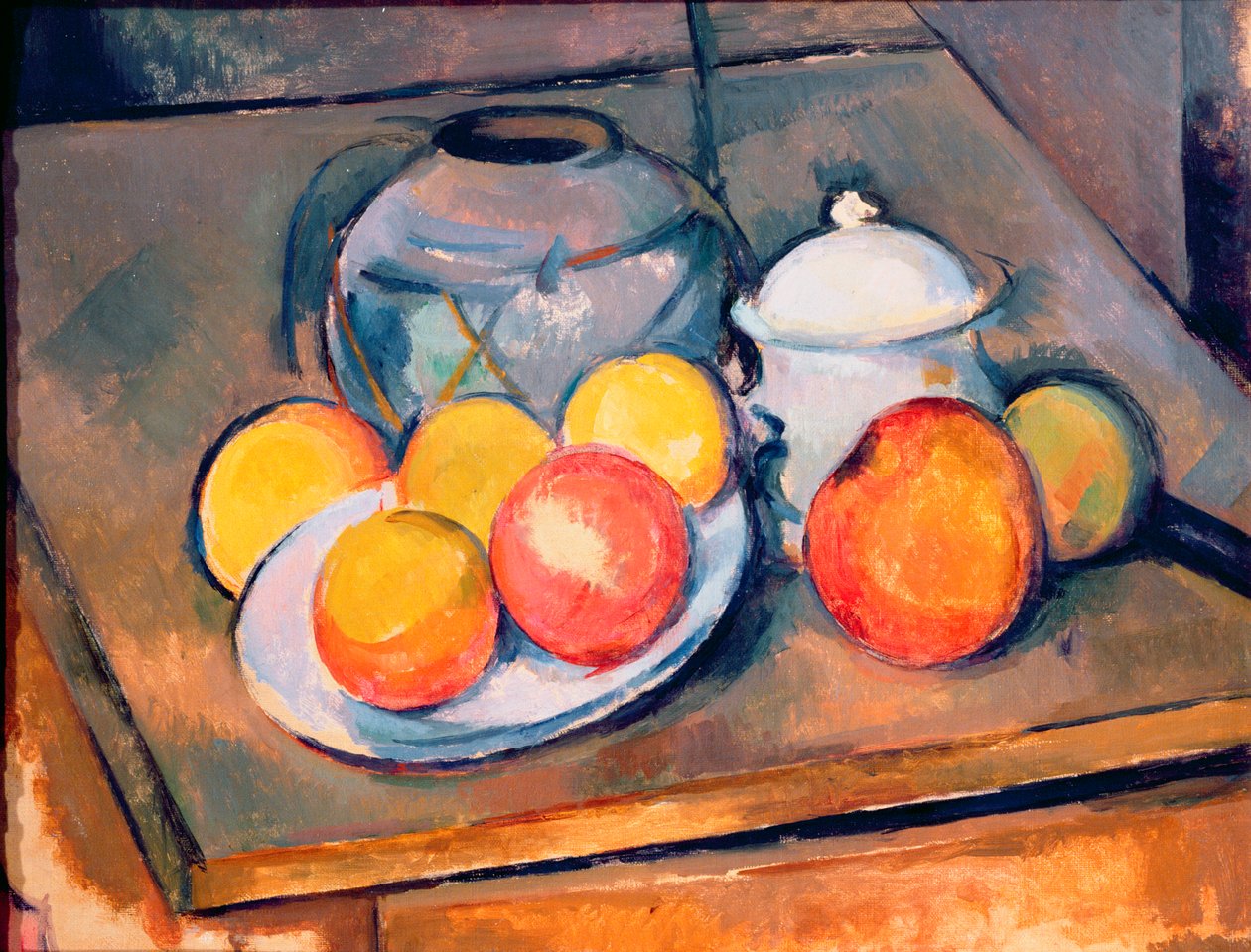 Hasır kaplı vazo, şekerlik ve elmalar, 1890-93 (ayrıca bkz. 287555) by Paul Cézanne