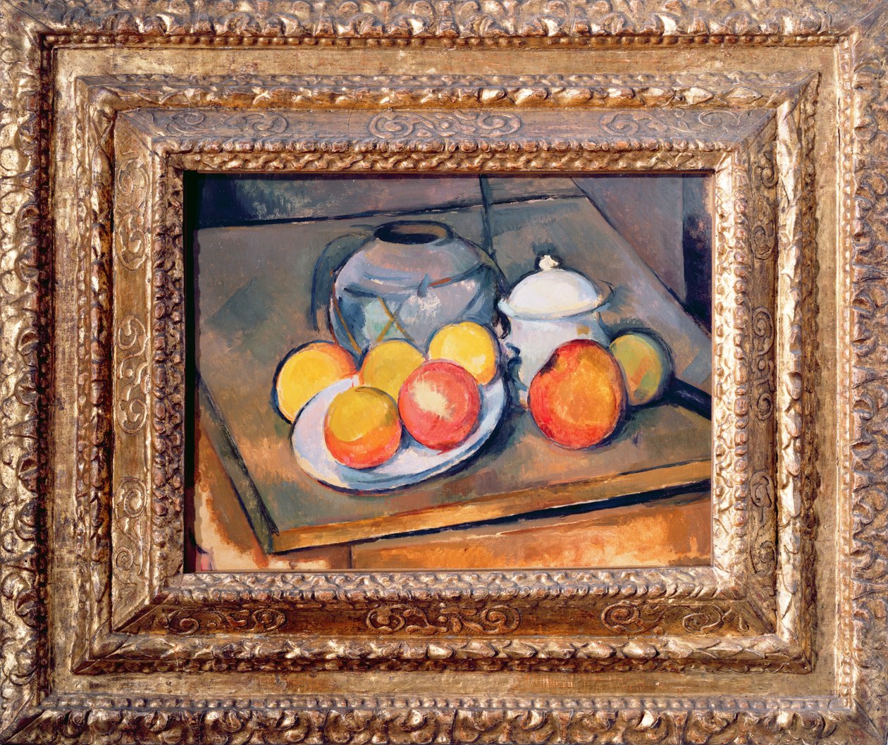 Hasır kaplı vazo, şekerlik ve elmalar, 1890-93 (ayrıca bkz. 393804) by Paul Cézanne