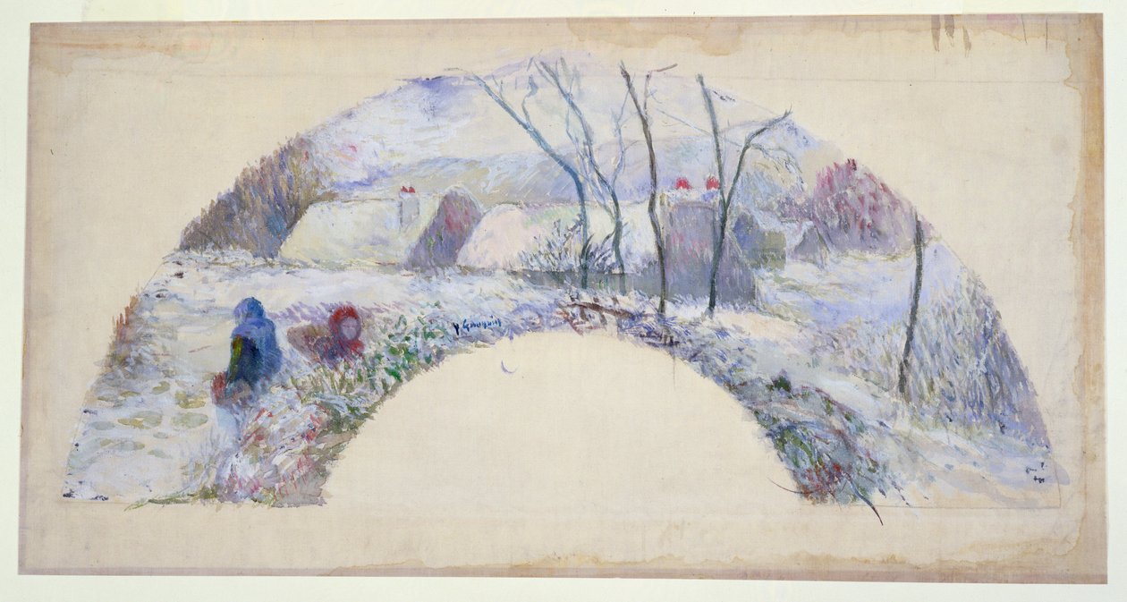Kar altında bahçe, vantilatör tasarımı, c.1885 (ince keten üzerine siyah tebeşir üzerine klozet ve gövde rengi) by Paul Gauguin