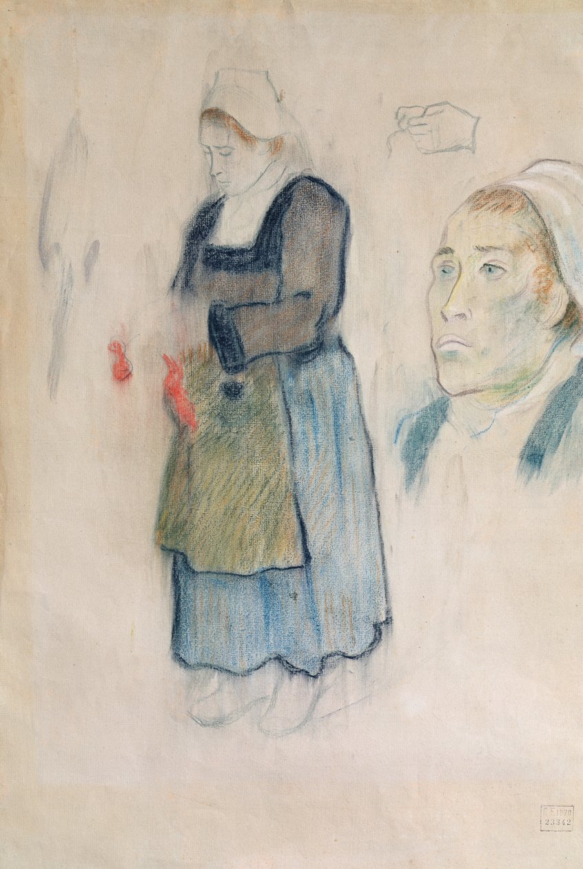 Breton köylülerinin çalışmaları, 1888 (bej kağıt üzerine kırmızı tebeşir, karakalem ve pastel) by Paul Gauguin