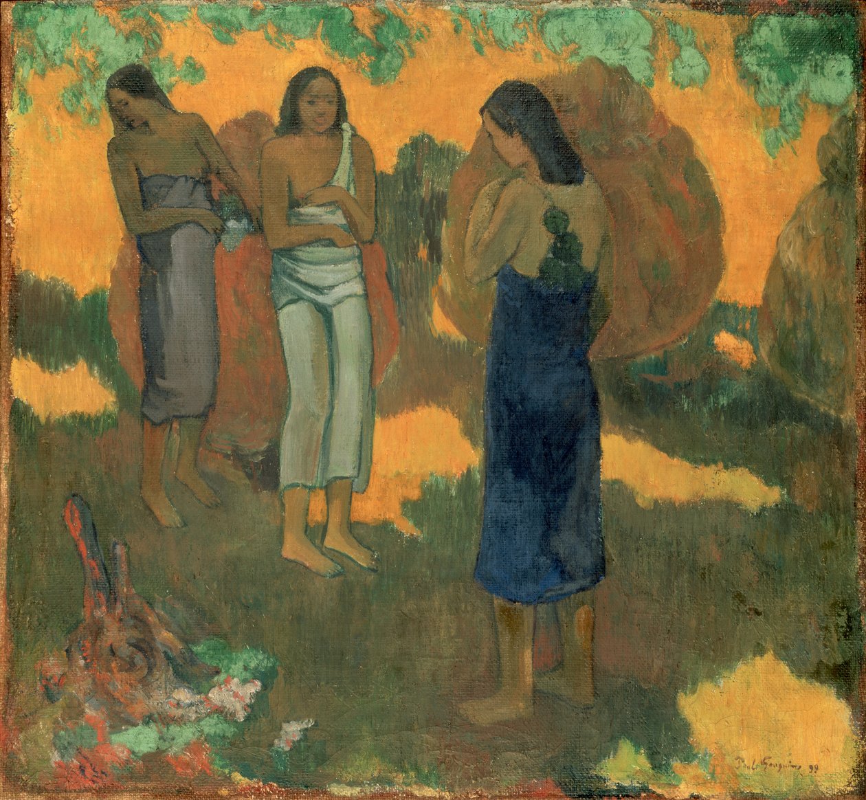 Sarı Bir Arka Planda Üç Tahiti Kadını by Paul Gauguin