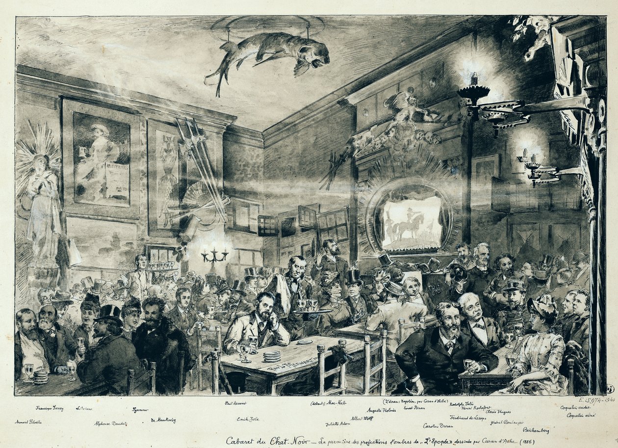 Cabaret du Chat Noir, 1886 (kalem ve mürekkep ve kağıt üzerinde yıkama) by Paul Merwart