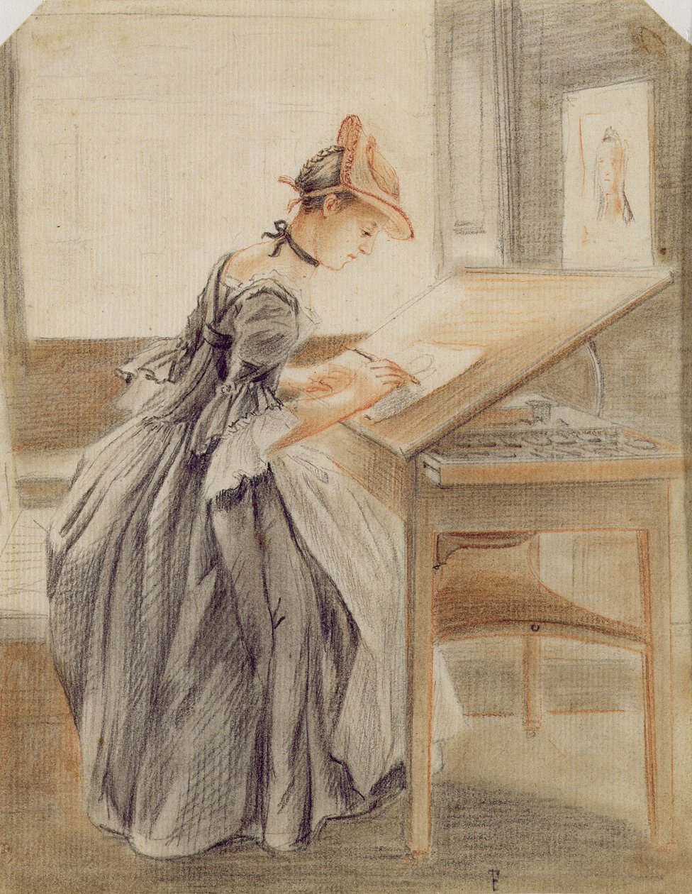 Çizim Masasında Kopyalayan Bir Kadın, c.1760-70 (kağıt üzerinde grafit, kırmızı ve siyah tebeşir ve kütük) by Paul Sandby