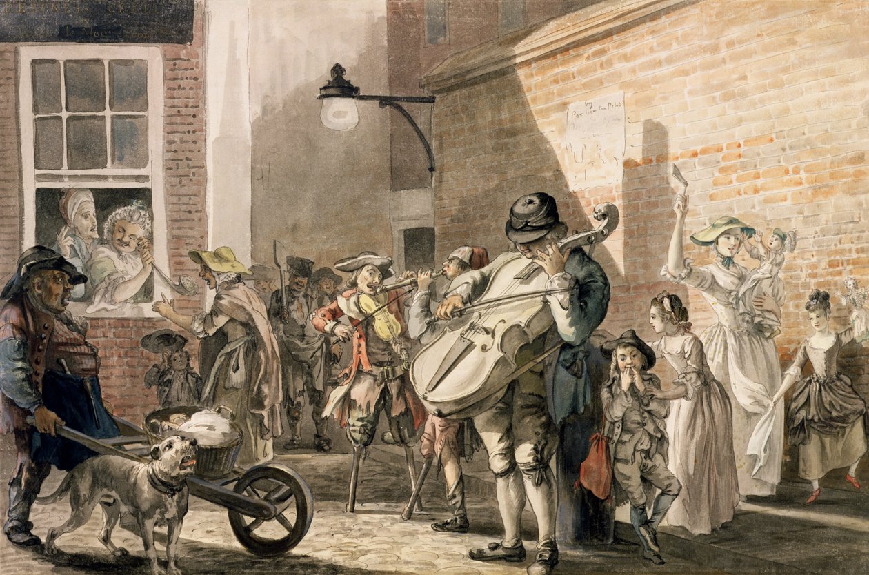 Şehrin fakir bir bölgesinde oynayan Gezici Müzisyenler by Paul Sandby