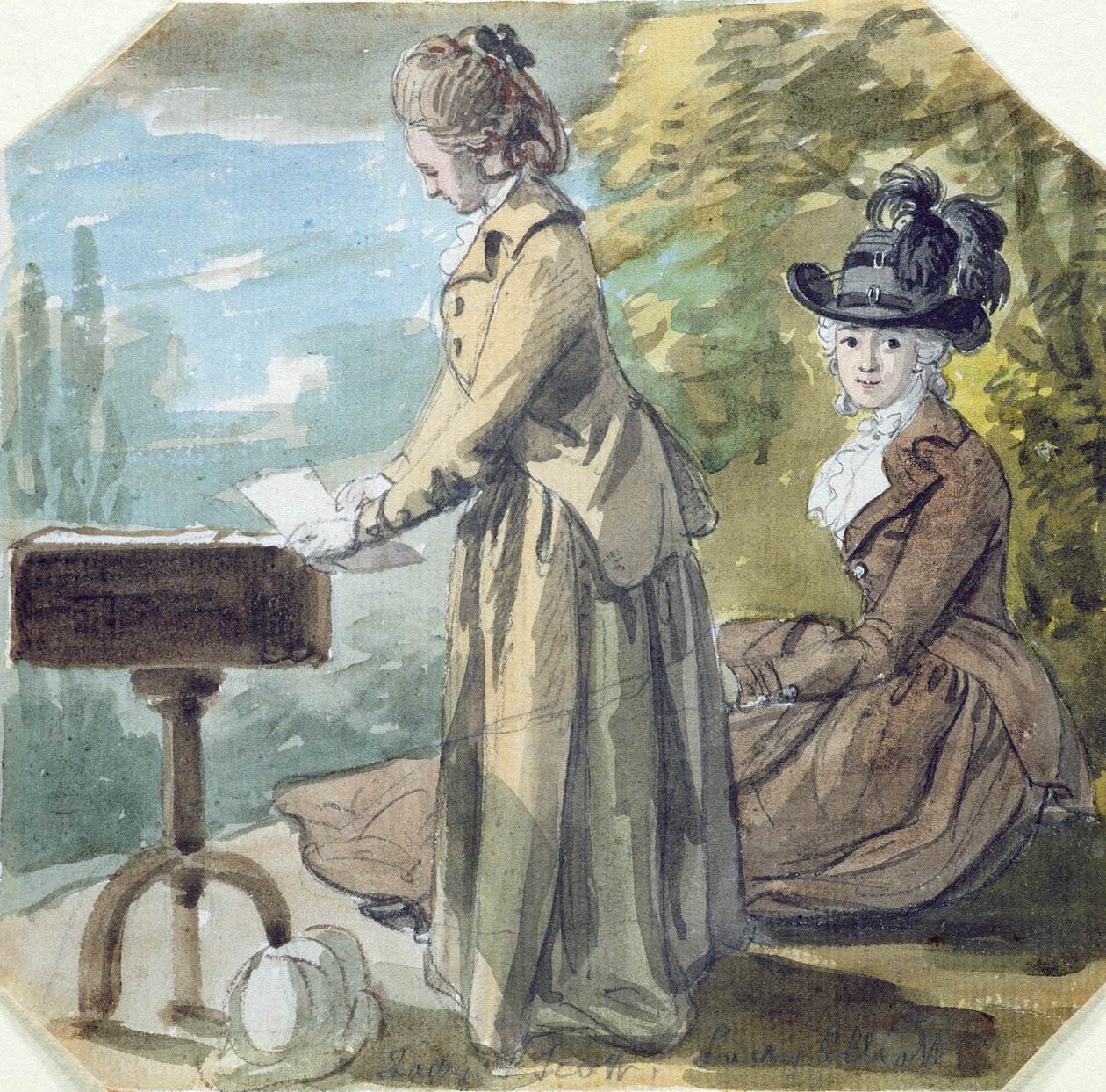 Lady Francis Scott ve Lady Elliot, c.1770 (dövülmüş kağıt üzerinde grafit üzerinde wc) by Paul Sandby