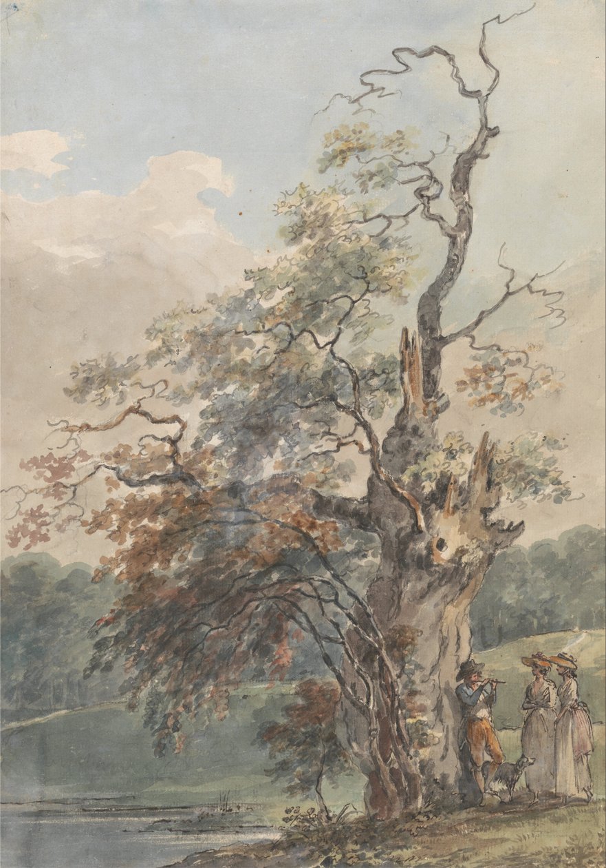 Yaşlı bir ağacın altında pipo çalan bir adamla manzara by Paul Sandby