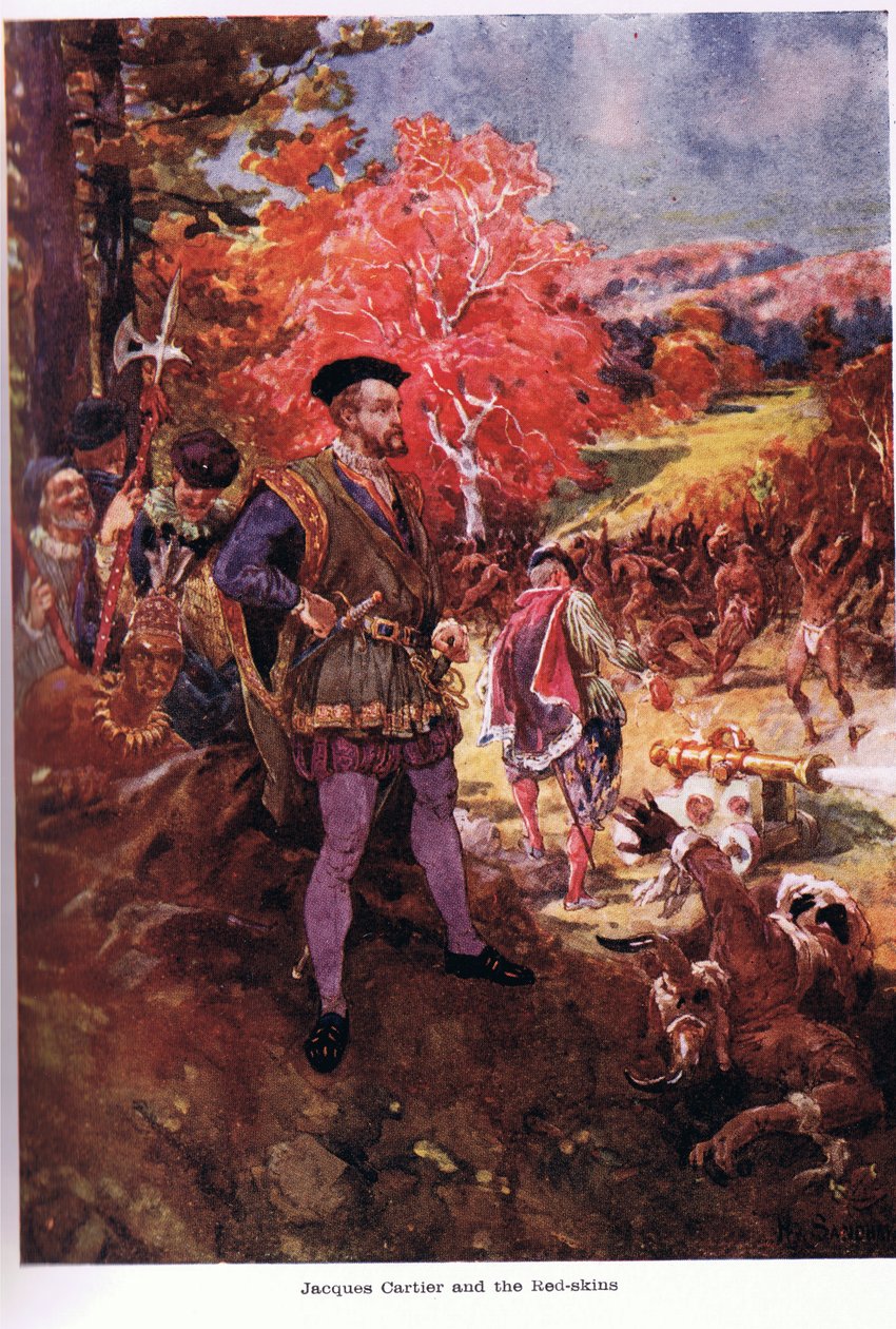 Redskins ile Jacques Cartier, WRS Scott tarafından 'Kanada'nın Romantizmi'nden illüstrasyon by Paul Sandham