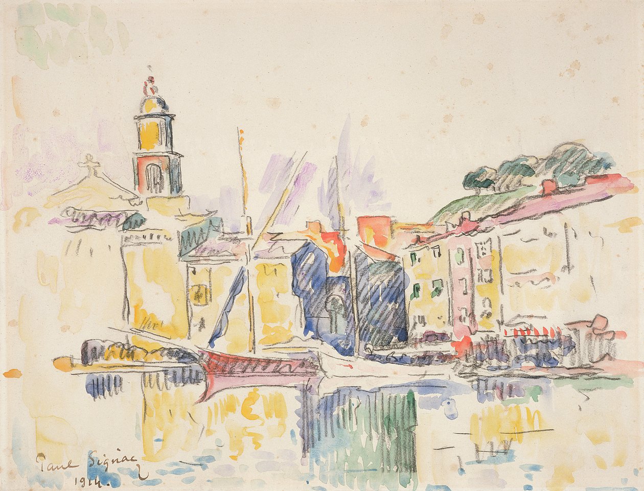 French Port of St. Tropez, 1914 (charcoal and wc on paper) by Paul Signac