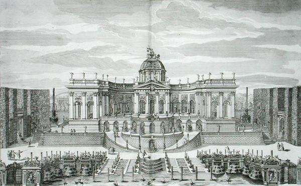 Johann August Corvinus (1683-1738) tarafından oyulmuş Princely Pleasure Palace and Gardens, Berlin