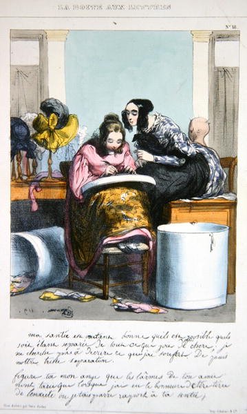 Bir şapkacılık işinde çalışan bir mektup yazıyor, c.1840 (renkli taş) by Paul (after) Gavarni