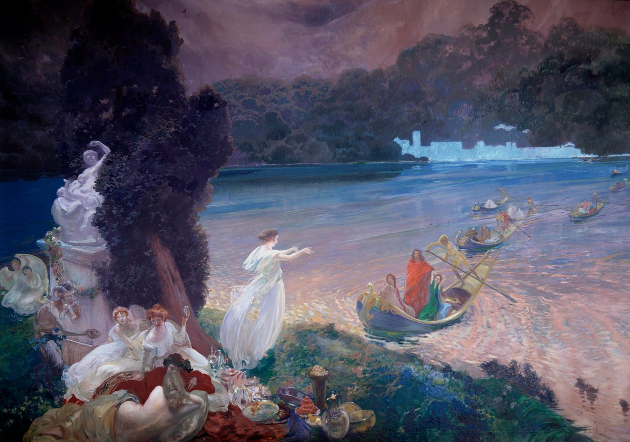 Mutlu Ada: çimenlerin üzerinde bir ziyafette misafirlere katılan tekneleri temsil eden masal sahnesi. Paul Albert Besnard'ın (1849-1934) duvar kağıdındaki bir resminin detayı. 1900. Paris, Dekoratif Sanatlar by Paul Albert Besnard