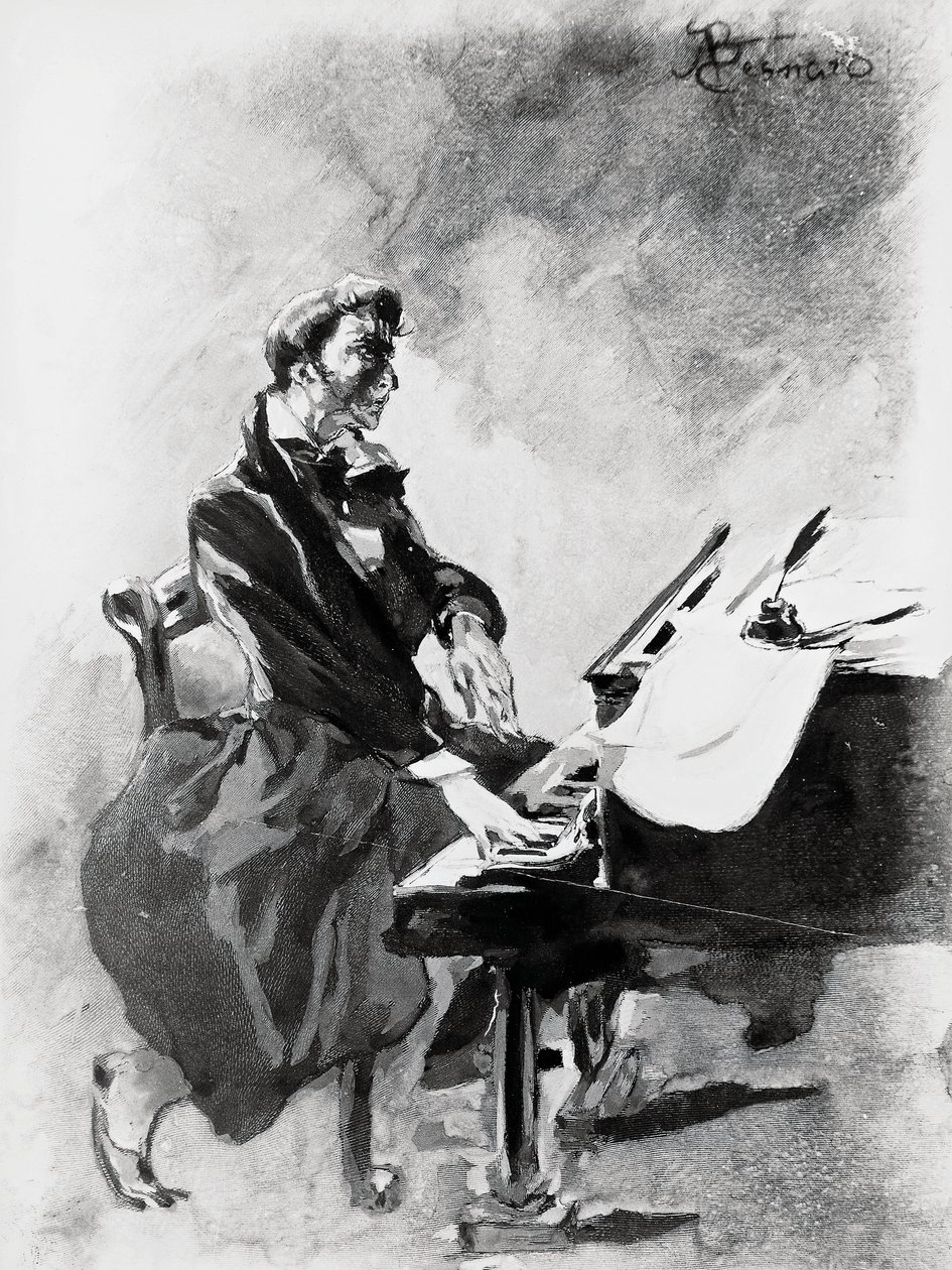 Besteci ve piyanist Frederic Chopin piyano çalıyor, Albert Besnard (1849-1934), suluboya by Paul Albert Besnard