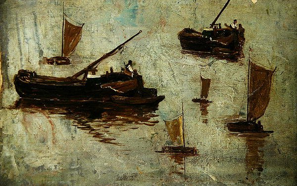 Suda İki Mavna ve Dört Küçük Yelkenli (tuval üzerine yağlı boya) by Paul Baum