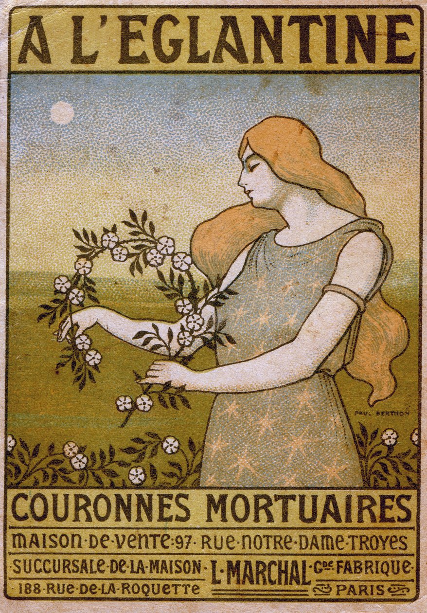 Yaşam tarzı. Yaban gülüne, cenaze çelengi ticaretine, çiçekçiye. Reklam Paul Berthon, Fransa, c.1900 (poster) by Paul Berthon
