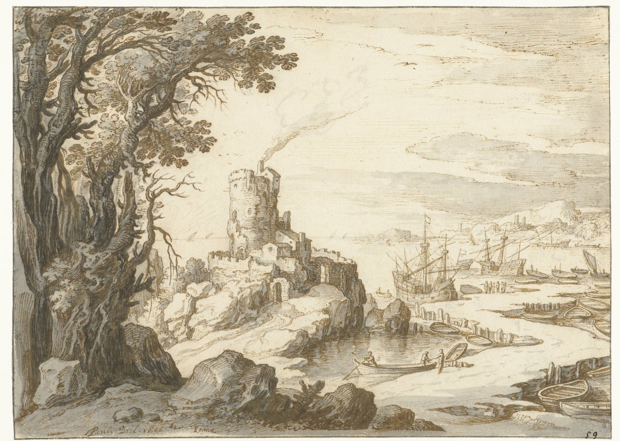 Bir muhafaza veya deniz feneri olan bir sahil manzarası by Paul Bril