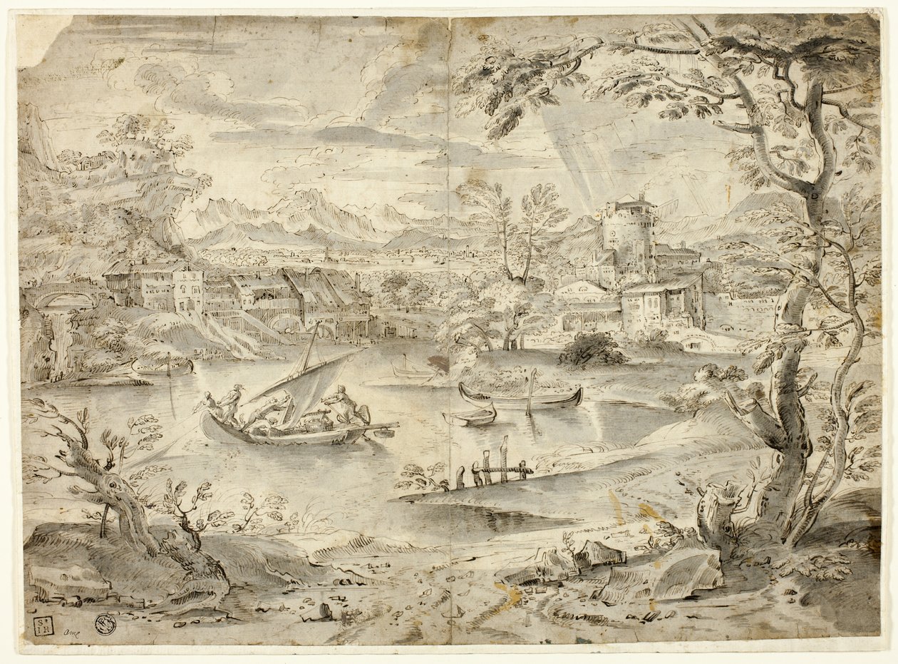 Ön planda balıkçı teknesi ile şehir manzarası by Paul Bril