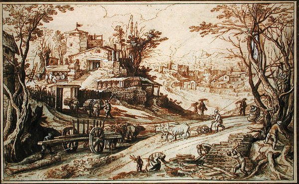 Kırsal Manzara (kağıt üzerinde kalem ve mürekkep yıkama) by Paul Brill or Bril