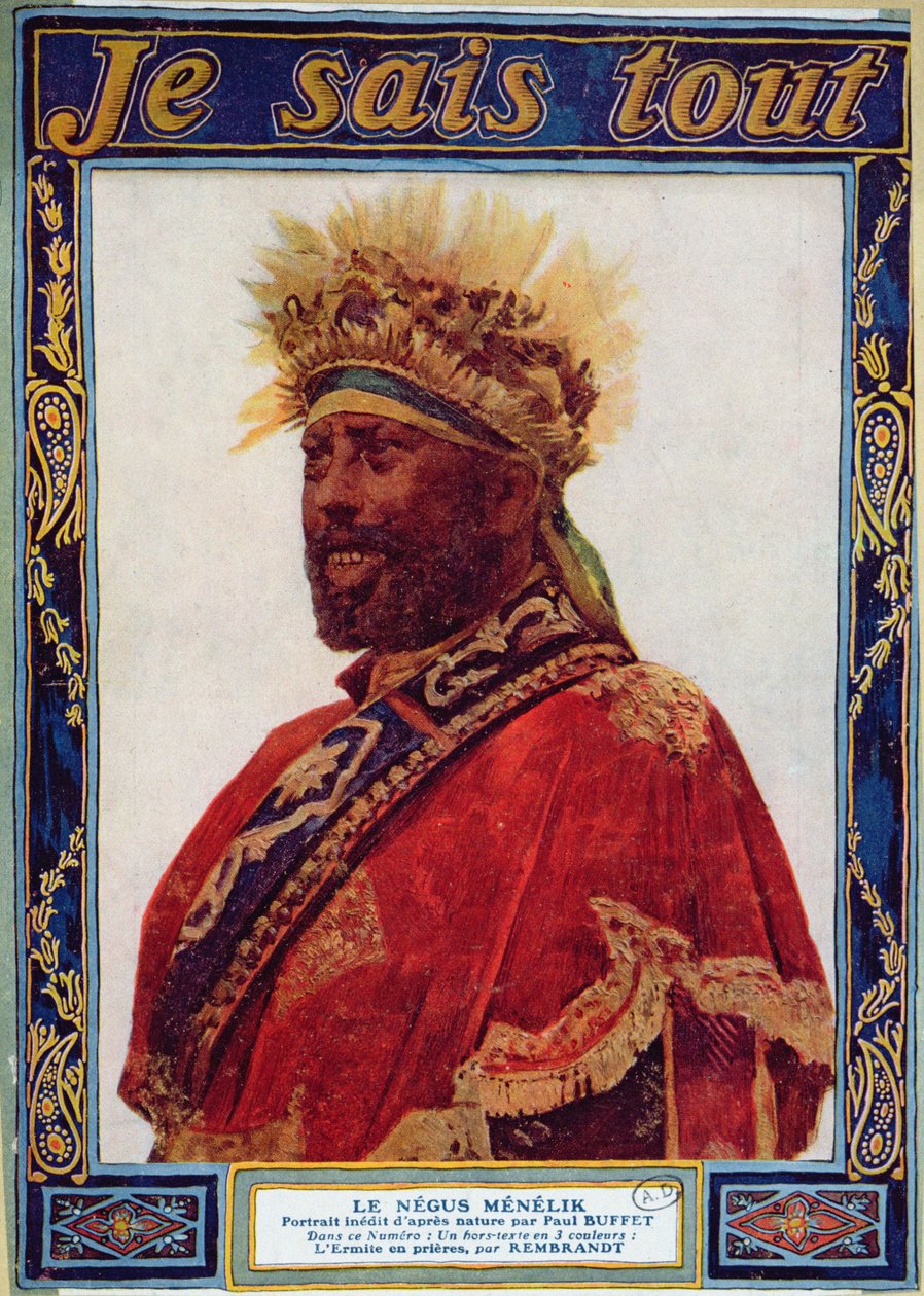 Etiyopya Negus portresi, Menelik II (1844-1913), Je Sais Tout dergisinden bir çizim, c.1900 by Paul Buffet