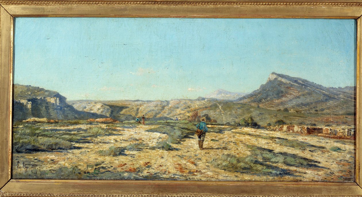 Allauch tepeleri Provence manzarasında bir yürüyüşçü. Paul Camille Guigou