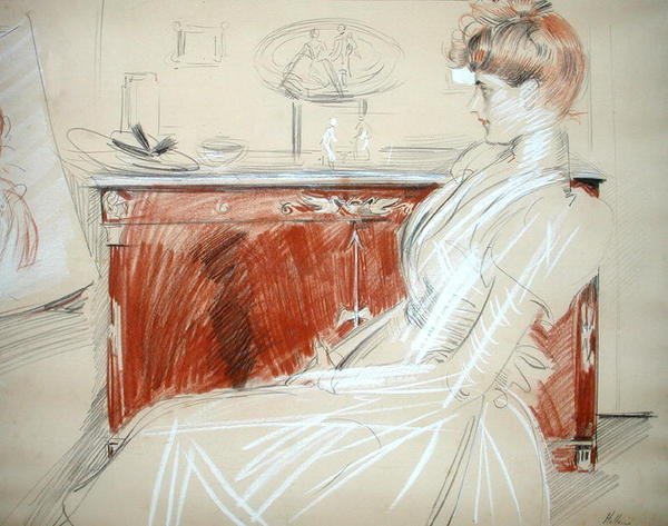 Madame Helleu Salonunda, 1900 civarı (kağıt üzerine kalem ve tebeşir) by Paul Cesar Helleu
