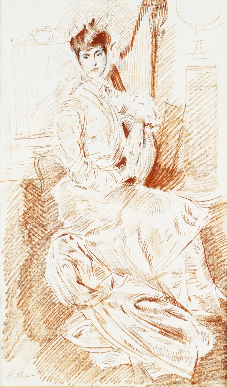 Madam Helleu bir arpın yanında oturuyor, by Paul Cesar Helleu
