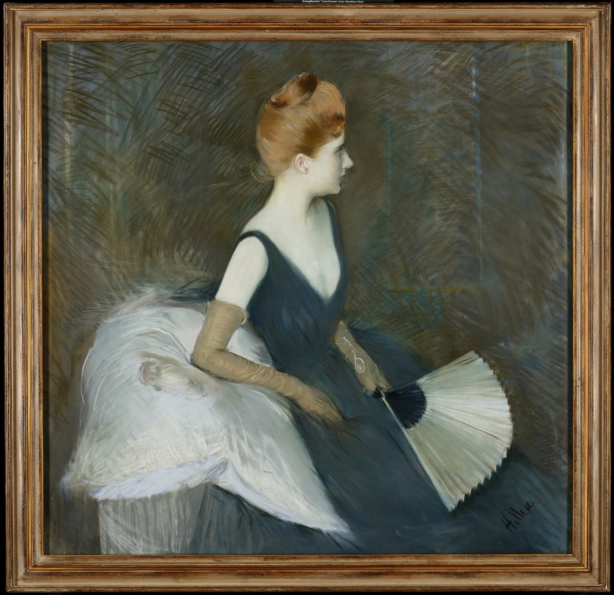 Madam Marthe Letellier Kanepede Oturan, Yelpazesini Tutarak, 1895 dolayları (tuval üzerine pastel) by Paul Cesar Helleu