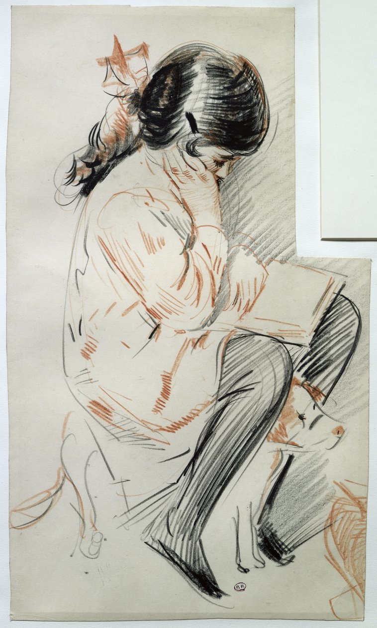 Paulette Okuma Oyuncak Köpeğinin Üzerinde Oturuyor (kağıt üzerinde renkli kalem) by Paul Cesar Helleu